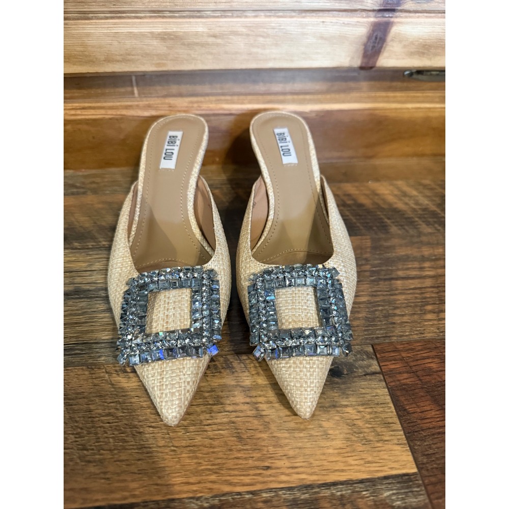 Bibi Lou Heel In Cream Raffia Crystal Buckle Kitten Heel Mules Pointed Toe 7.5 - Picture 2 of 16